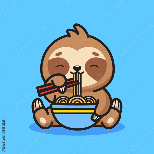 Cute sloth eating noodle illustration