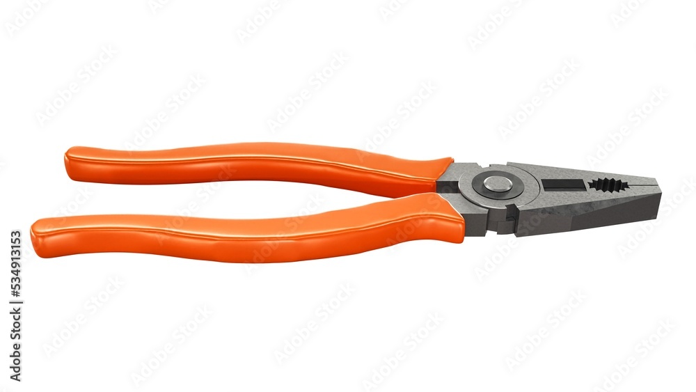 Pliers with orange plastic handles on a white background. 3d rendering. Pliers with orange plastic handles on a white background. 3d rendering.