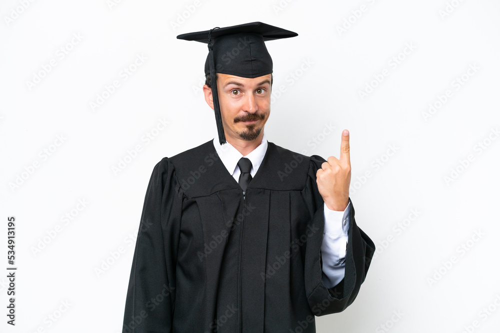 Young university graduate man isolated on white background pointing with the index finger a great idea Young university graduate man isolated on white background pointing with the index finger a great idea