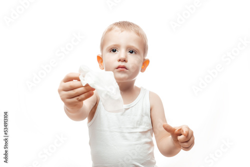 Hygiene, wiping the baby skin body and face with wet wipes carefully on white background. concept cleaning wipe, pure, clean
