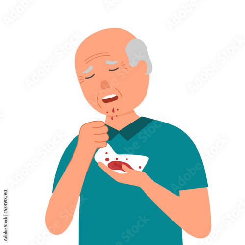Old man with coughing blood in flat design. Bleeding cough concept vector illustration.