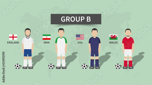 Qatar soccer cup tournament 2022 . 32 teams group stages and cartoon character with jersey and country flags . Flat design . Vector .