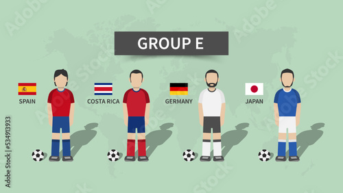Qatar soccer cup tournament 2022 . 32 teams group stages and cartoon character with jersey and country flags . Flat design . Vector .