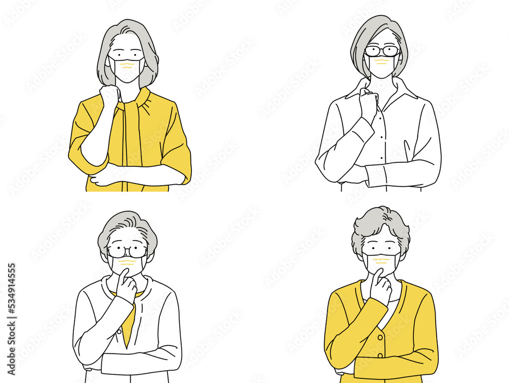 人物 イラスト 女性 セット 正面 考える シニア