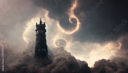 Canvas Print Fantasy Dark Gothic Wizards Tower, swirling cloud vortex above