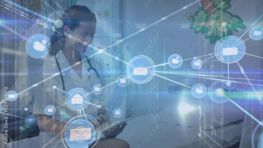Animation of network of connections with icons over caucasian female doctor with tablet Animation of network of connections with icons over caucasian female doctor with tablet