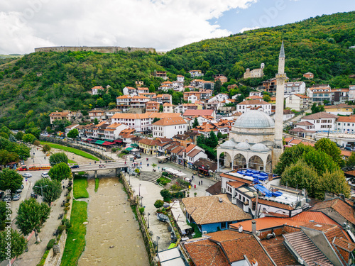 Prizren Old Town Aerial View. Popular Tourist Destination in Kosovo. Historic...