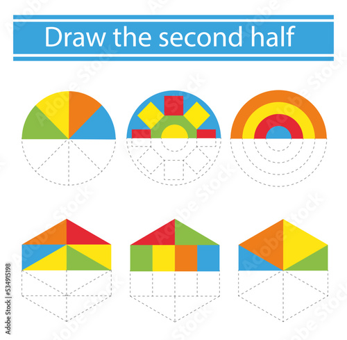 Draw the second half. Coloring book. Preschool worksheet for practicing fine motor skills. Vector.