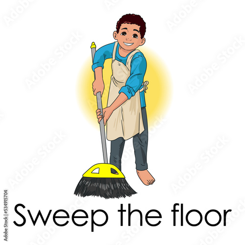 boy sweep the floor using broom vector illustration