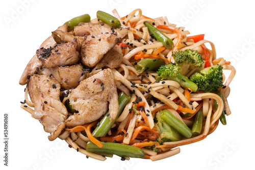 Thai dish, noodles with green beans, broccoli, pieces of chicken meat and different vegetables, on a white background, isolate