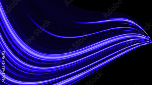 Colorful curved fast motion background. Blue digital background and violet neon flash glow futuristic technology. Black background, copy space.