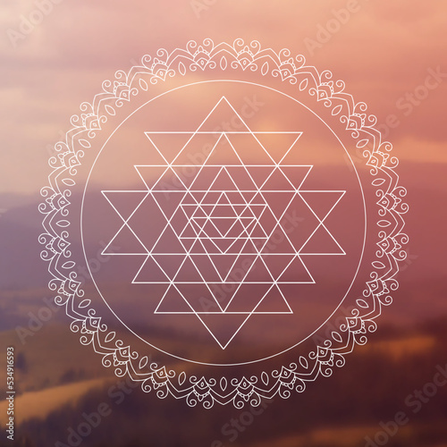 Sri Yantra. Sacred geometry zentangle inspired design template with oriental tribal ornaments. Ornamental new age art.
