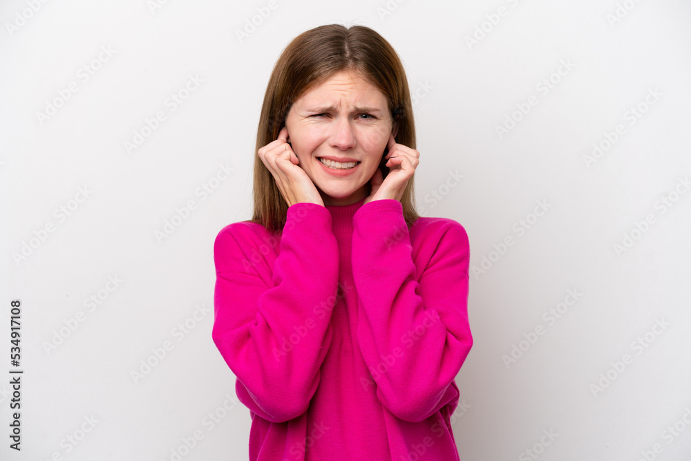 Young English woman isolated on white background frustrated and covering ears Young English woman isolated on white background frustrated and covering ears