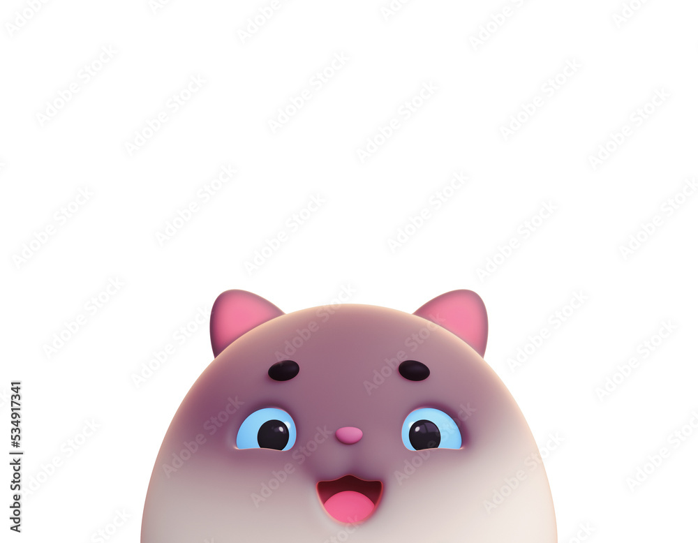 Head of peeking funny cartoon fluffy surprised cute curious kawaii smiling grey siamese cat with open mouth, tongue, big blue eyes wide open, pink ears, eyebrows. 3d render isolated on white backdrop Head of peeking funny cartoon fluffy surprised cute curious kawaii smiling grey siamese cat with open mouth, tongue, big blue eyes wide open, pink ears, eyebrows. 3d render isolated on white backdrop