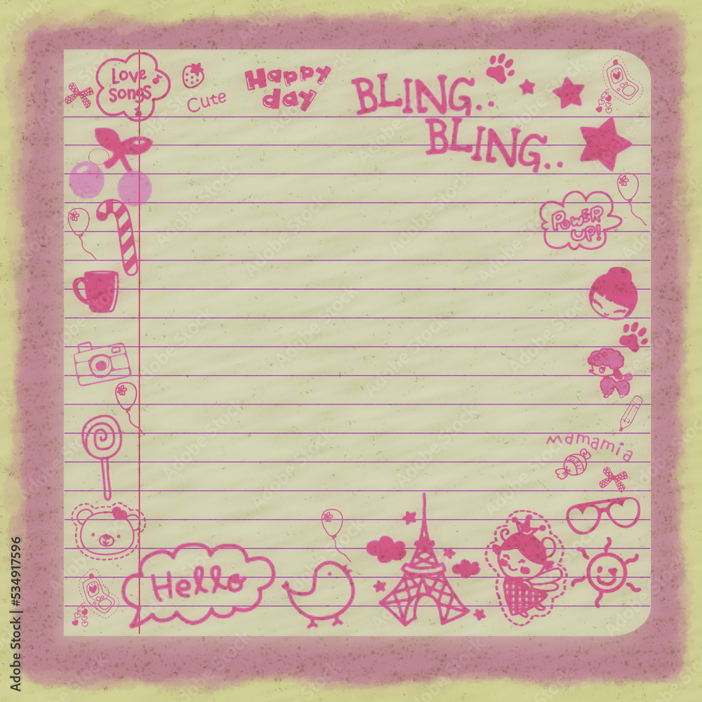 Vintage writing paper with cute anime doodles in pink on lined paper