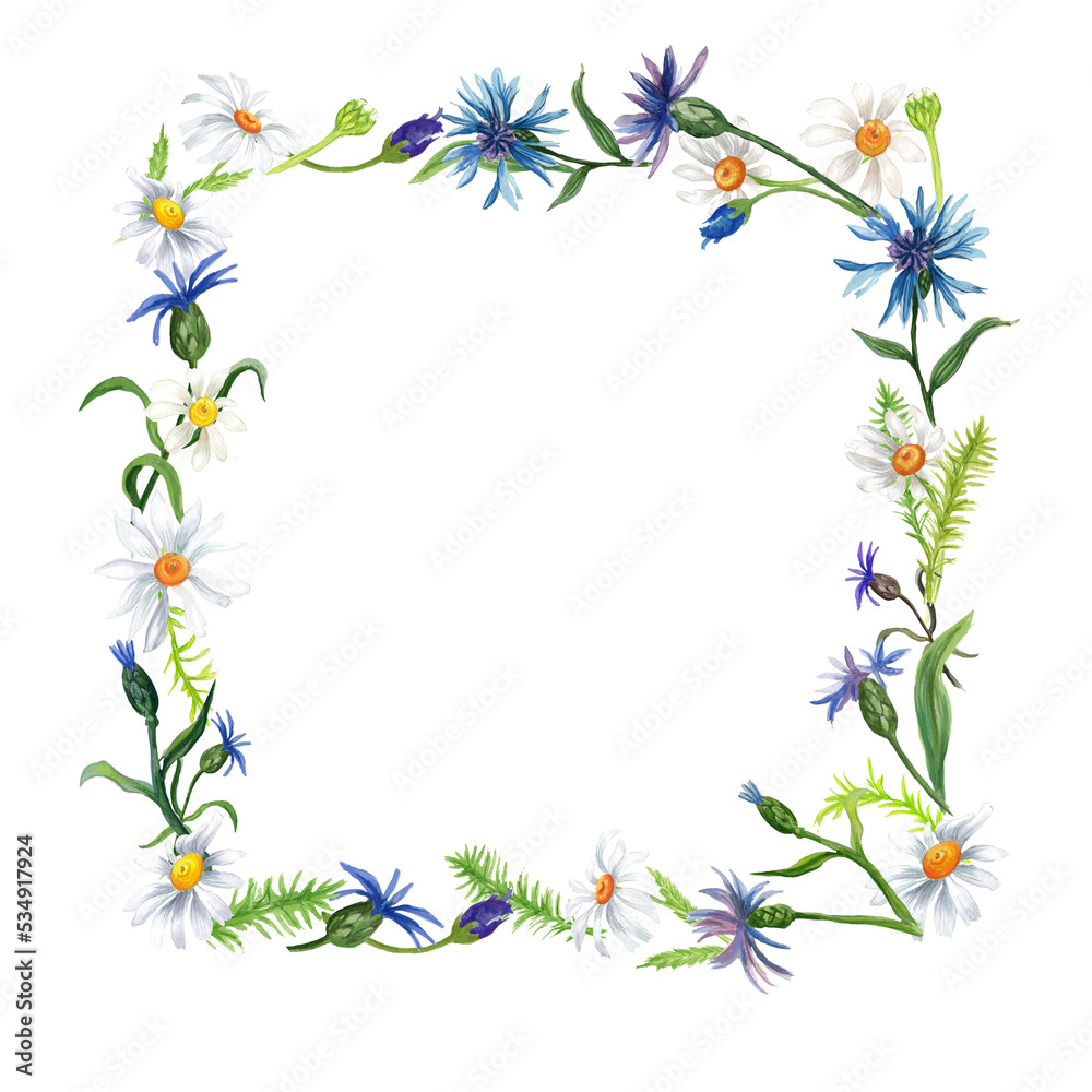  Watercolor frame with summer flowers. Transparent layer