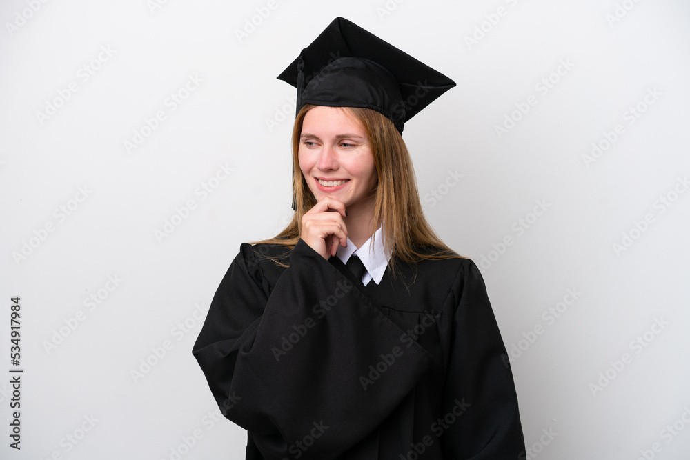 Young university graduate English woman isolated on white background looking to the side Young university graduate English woman isolated on white background looking to the side