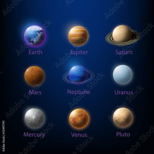 Vector realistic, 3d set of solar system planets. Illustration of nine planets with an inscription on a dark blue background for teaching astronomy.