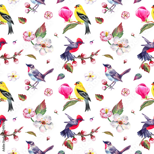 Watercolor seamless pattern with birds and spring flowers. Transparent layer.