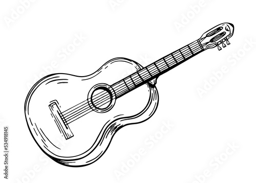 Guitar musical instrument style hand drawn. Vector black and white doodle illustration