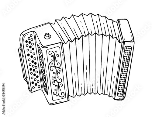 Accordion is a musical instrument in the style of hand drawn. Vector black and white doodle illustration photo