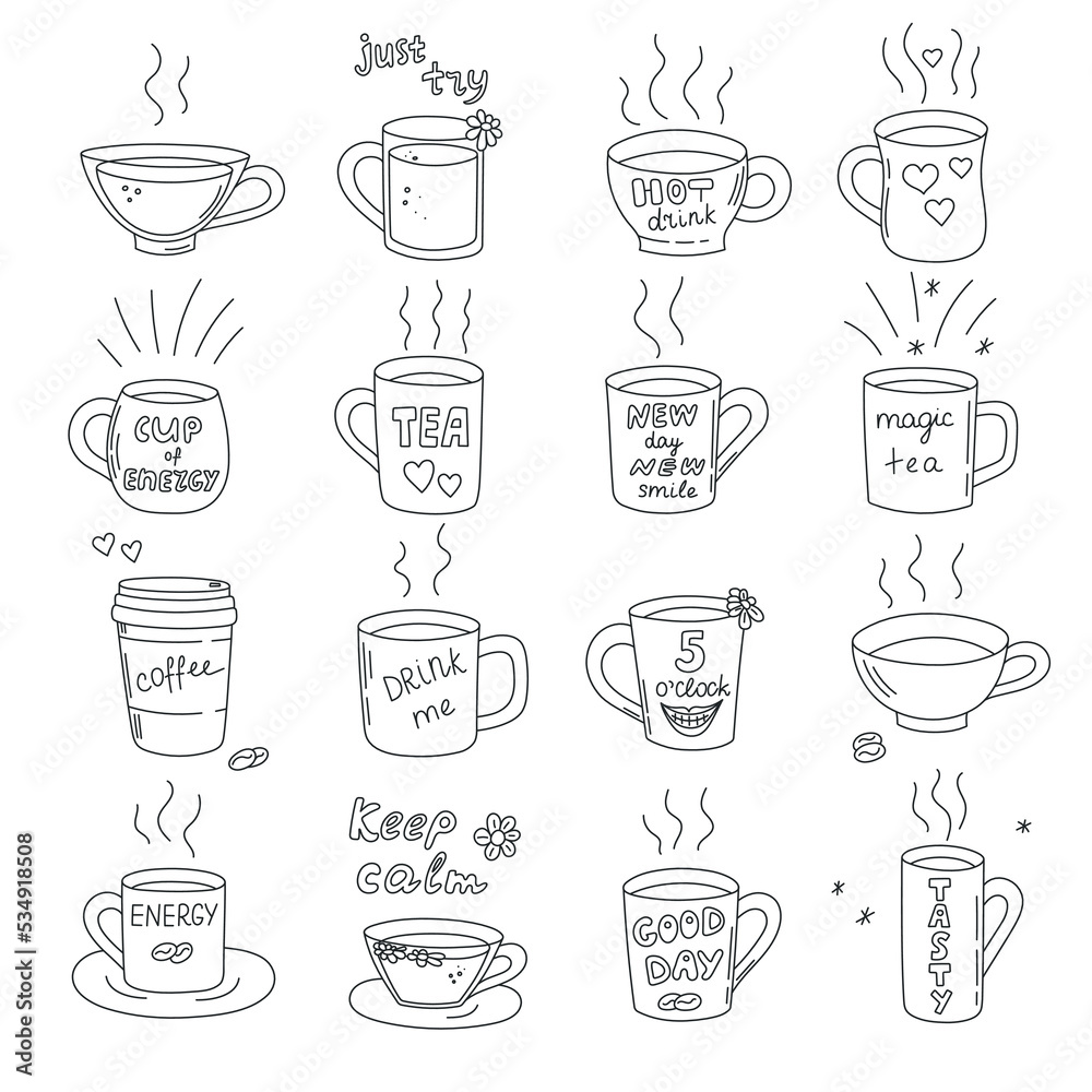Coffee and tea cups set, traditional beverages. Mugs of invigorating morning hot drinks. Doodle hand-drawn sketch style. Editable stroke. Isolated. Vector illustration. Coffee and tea cups set, traditional beverages. Mugs of invigorating morning hot drinks. Doodle hand-drawn sketch style. Editable stroke. Isolated. Vector illustration.
