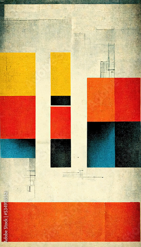 Old abstract Bauhaus poster on an grunge, yellow, vintage paper, retro stile, geometric shapes, lines squares, black, teal, dark blue, orange, yellow, gray colorful background with copy space for text