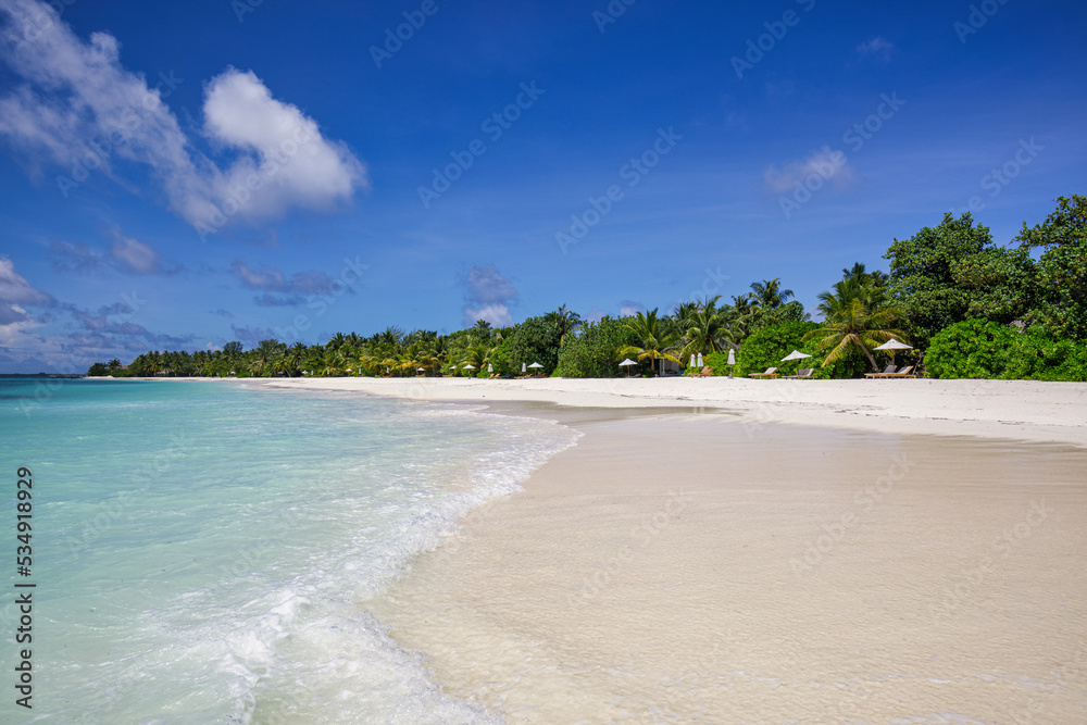Majestic nature beach. Paradise island summer travel vacation sun sea sand sky coco palms landscape. Tranquil seascape, beautiful exotic outdoor scenic, white sand blue sea bay waves, sunny sky clouds