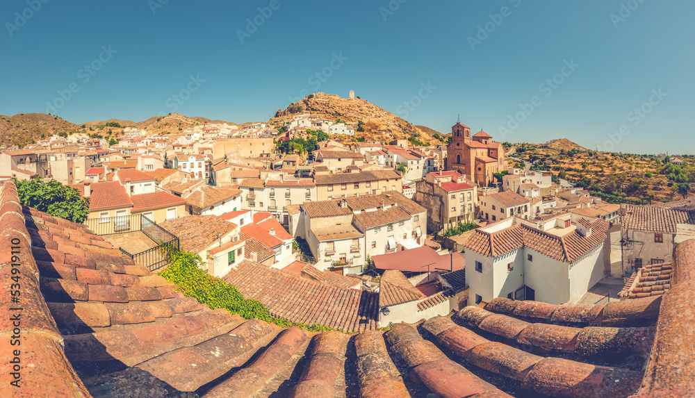 Panoramic aerial view of the village of Lubrin, Almeria (Spain). Tourism and travel