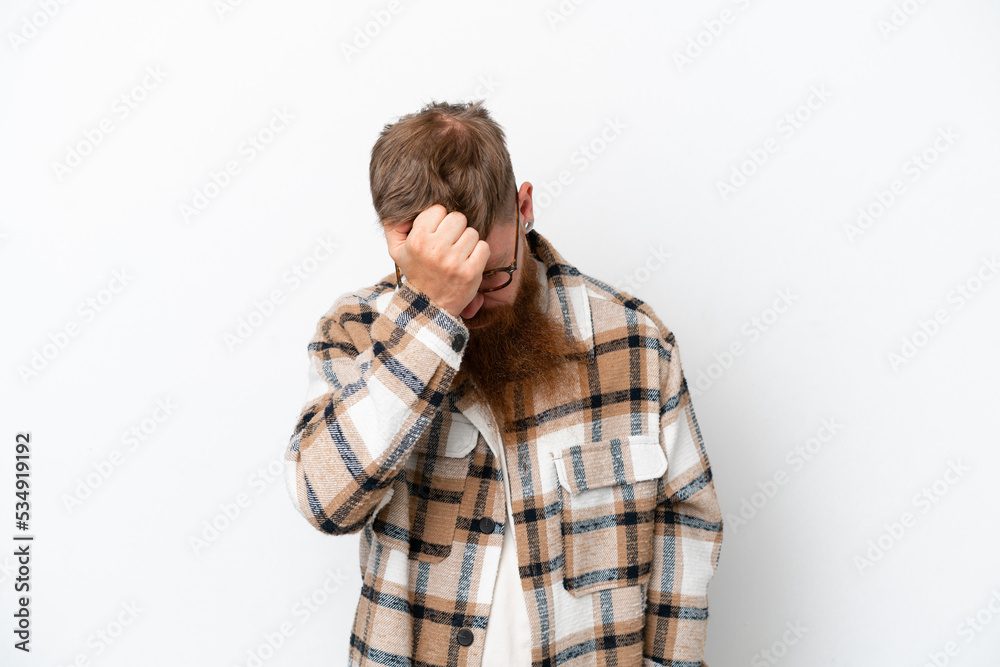 Redhead man with long beard isolated on white background with headache Redhead man with long beard isolated on white background with headache
