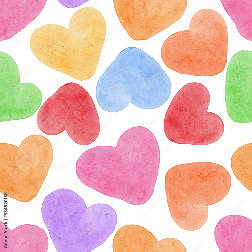Obraz premium Colorful Watercolor hand drawn hearts seamless pattern background