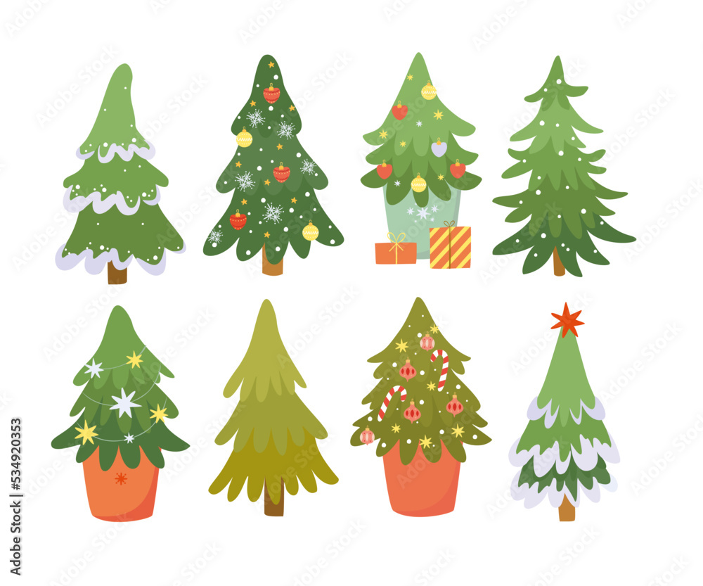 Christmas tree. Vector illustration of decorated Christmas trees. Isolated Christmas clipart. Winter forest, spruce and fir