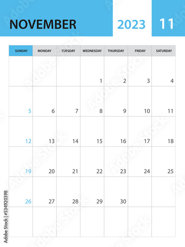 November 2023 template, Calendar 2023 template vector, planner monthly design, desk calendar 2023, wall calendar design, minimal style, advertisement, poster, printing media, simple creative vector