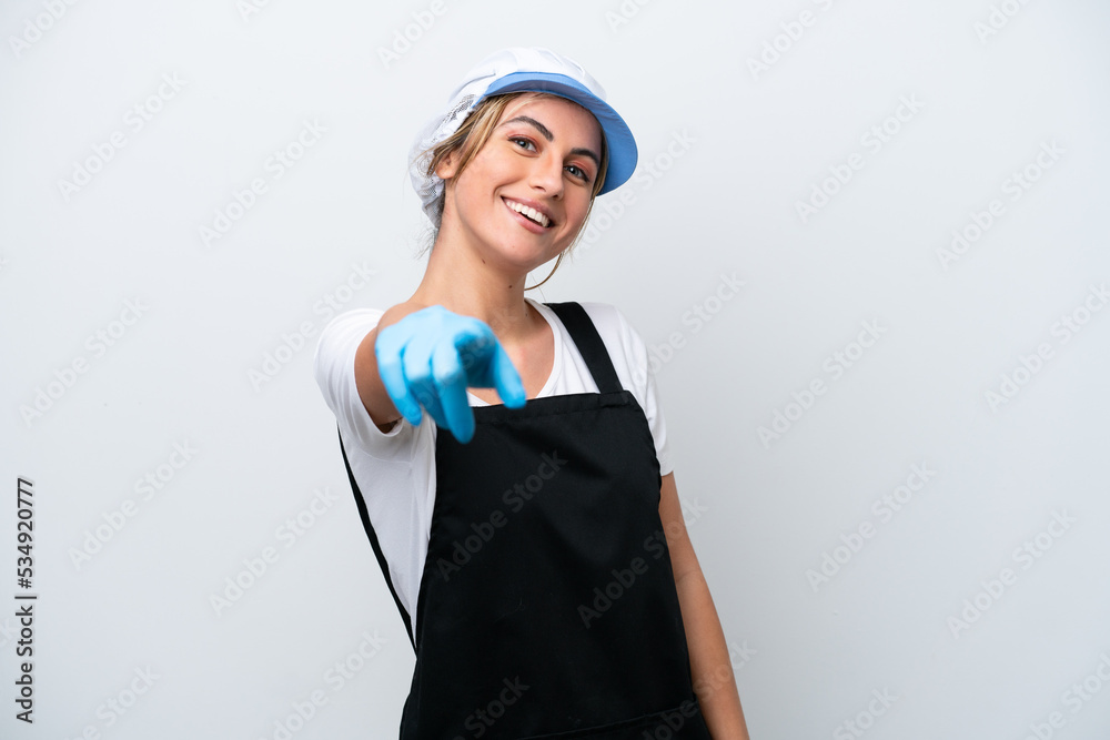Fishwife woman isolated on white background pointing front with happy expression