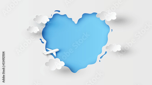 Paper sky carving in a heart shape decorate with clouds and plane flying on the sky. Happy Valentine’s day. paper cut and craft style. vector, illustration.