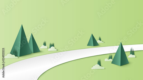 Mountain meadow in spring. Spring meadow. Springtime. paper cut and craft style. vector, illustration.