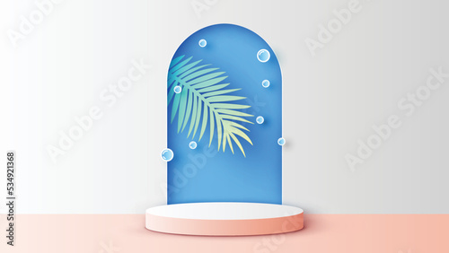 Circle stage podium for Summer with bubble, tropical leaves background and blank space. Summer mockup template. paper cut and craft style. vector, illustration.