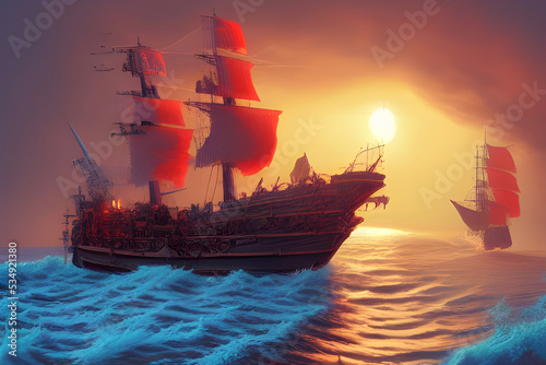 Sailboat in the storm sea at sunset. Amazing 3D landscape. Digital illustration. CG Artwork Background