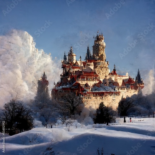 Fairy tale landscape, winter timp with snow and castle in the background photo