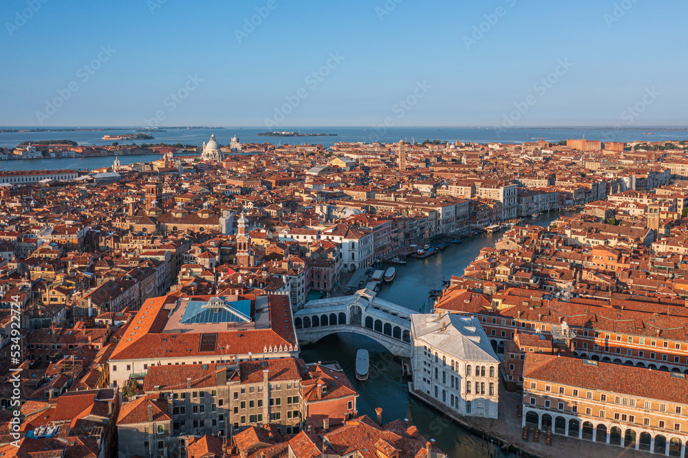 Cityscape of Venice with Rialto Bridge in an aerial view