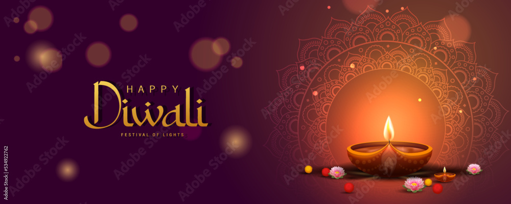 Happy Diwali Poster with Diya Lamp and Peacock Vector Illustration. Indian festival of lights Design. Suitable for Greeting Card, Banner, Flyer, Template. 