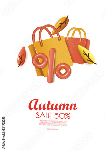 Autumn sale background with percent symbol, orange leaves, shopping bag, copy space text. 3D vector illustration
