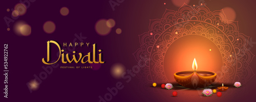 Happy Diwali Poster with Diya Lamp and Peacock Vector Illustration. Indian festival of lights Design. Suitable for Greeting Card, Banner, Flyer, Template.  photo