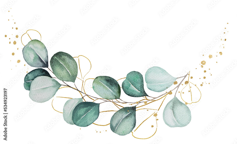 Bouquet made of green and golden watercolor eucalyptus leaves, wedding illustration - obrazy, fototapety, plakaty 