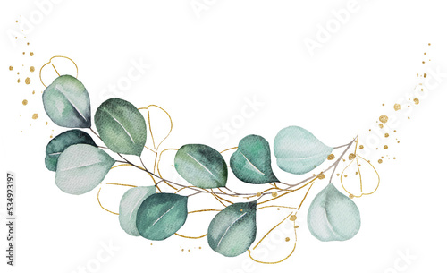 Bouquet made of green and golden watercolor eucalyptus leaves, wedding illustration