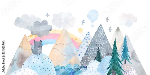 Obraz Zimowy krajobraz. Wzgórza, szlak, wilk, jezioro, balon i chmury. Akwarela.