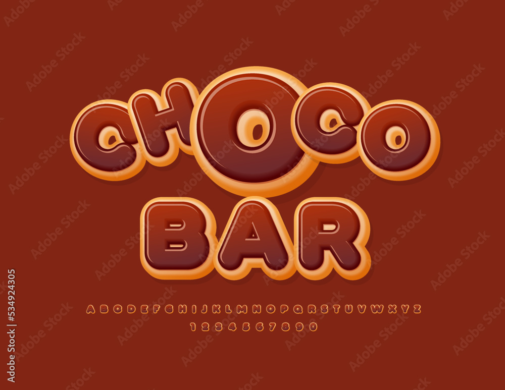 Vector playful emblem Choco Bar. Creative Alphabet Letters and Numbers set. Donut tasty Font