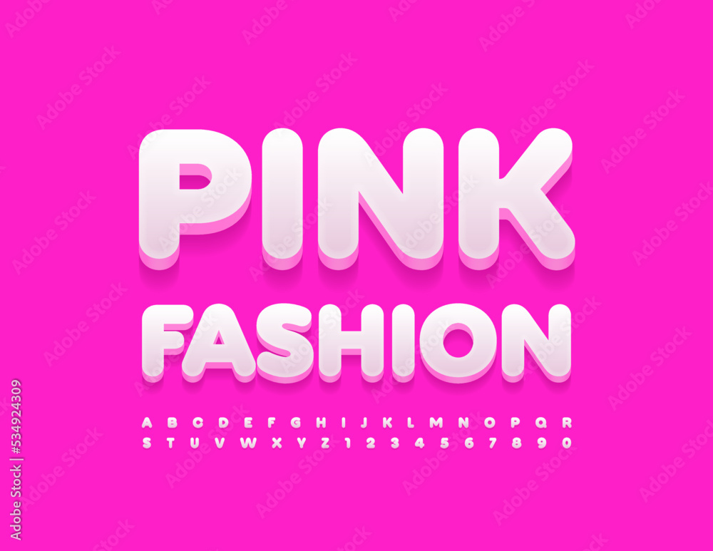 Fototapeta premium Vector trendy emblem Pink Fashion. Stylish white Font. 3D modern Alphabet Letters and Numbers set