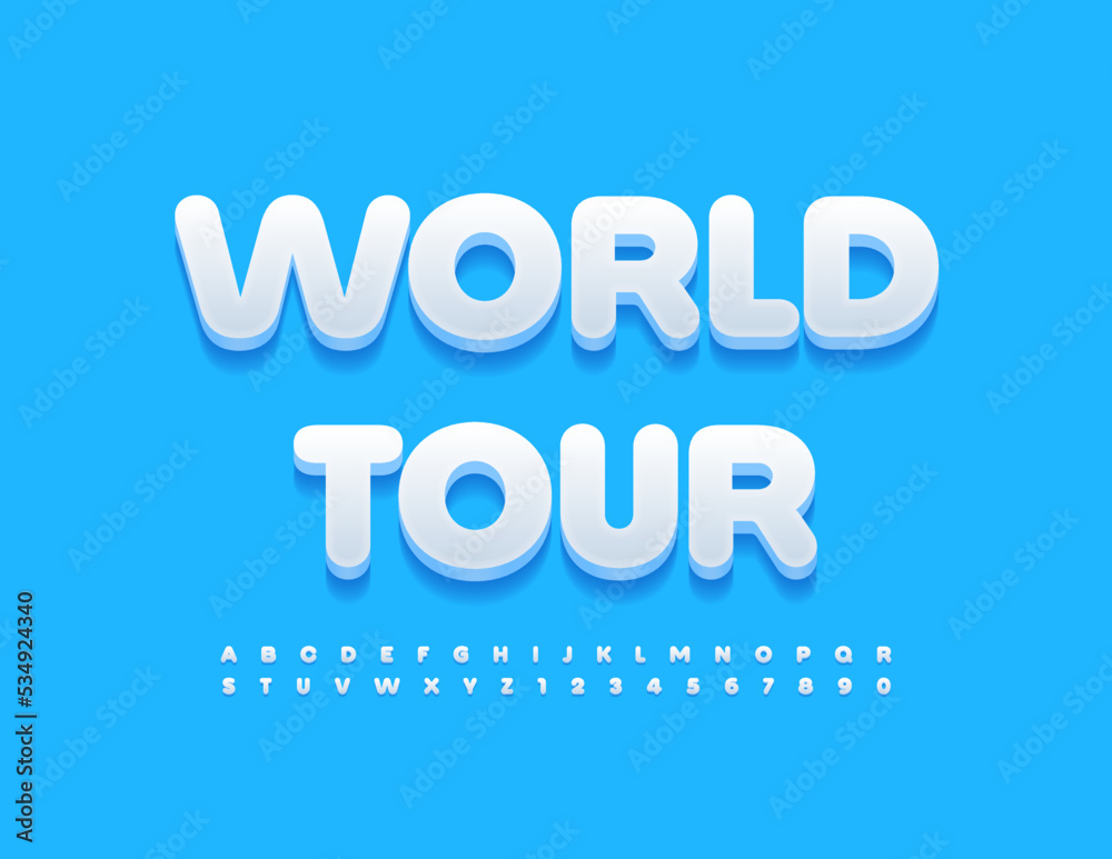 Vector creative Emblem World Tour. Modern White 3D Font. Stylish Alphabet Letters and Numbers