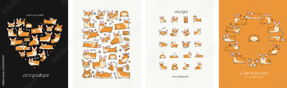 Corgi dogs collection. Frame, pattern, icons, heart shape. Set of hand drawn concept art for your design project - cards, banners, poster, web, print, social media, promotional materials. Vector